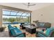 Relax outdoors with comfortable seating, stylish decor, and peaceful views of the lake and pool at 5437 Manchini St, Sarasota, FL 34238