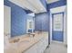 Stylish bathroom featuring white cabinets, double sinks, and blue wallpaper at 7011 Portmarnock Pl, Lakewood Ranch, FL 34202