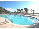 A well-maintained community pool with a clear blue water, lounge seating, and several palm trees at 1520 Dorgali Dr, Sarasota, FL 34238