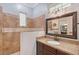 Bathroom featuring a walk-in shower, granite countertop, and dark wood cabinetry at 1788 Palm View Rd, Sarasota, FL 34240