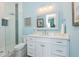 Charming bathroom with a glass shower, white cabinets, and a decorative mirror at 221 Grant Dr, Sarasota, FL 34236