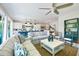 Bright and airy living room open to the kitchen, featuring comfortable sofas and modern ceiling fan at 221 Grant Dr, Sarasota, FL 34236