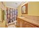 Bathroom with tropical pineapple shower curtain and lots of counter space at 5235 Spencer Parrish Rd, Parrish, FL 34219