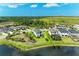High angle view of homes by a pond, showcasing neighborhood layout, lush landscaping, and community features at 5583 Summit Gln, Bradenton, FL 34203
