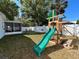 Spacious backyard featuring a playground, green lawn, and a screened patio for relaxation at 1018 Charlotte Ave, Sarasota, FL 34237
