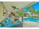 Inviting outdoor space with a covered patio, fan, outdoor kitchen, lush greenery, and refreshing swimming pool at 216 Palmetto Ave, Anna Maria, FL 34216