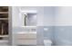 Stylish bathroom with a modern vanity, floating toilet, and blue tiled walls at 2170 Robinhood St # A1-304, Sarasota, FL 34231