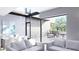 Open-concept living area with light furniture, large windows with an outdoor dining view, and contemporary pendant lighting at 2170 Robinhood St # A1-304, Sarasota, FL 34231