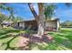 Backyard featuring a lush green lawn, a beautiful tree, and glass enclosed patio at 4722 Oak Hill Ln # 44, Sarasota, FL 34232