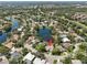Overhead shot of the property in a community with lush landscaping and scenic lake views at 8146 Shadow Pine Way, Sarasota, FL 34238