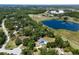 Picturesque aerial view showcasing a home with a backyard pool nestled amidst lush greenery at 10712 Forest Run Dr, Bradenton, FL 34211