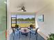 Inviting screened patio with tranquil lake view, ceiling fan, and comfortable seating area at 17555 Cantarina Cv, Bradenton, FL 34211