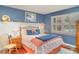 Bright bedroom with blue walls, a queen bed, plantation shutters, and coastal accents at 3609 57Th Avenue W Dr # 37, Bradenton, FL 34210