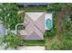 Aerial of home showcasing a private screened-in pool and beautifully landscaped backyard at 5355 Anthony Ln, Sarasota, FL 34233