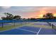 Multiple tennis courts with blue surfacing surrounded by a fence and mature trees at dusk at 12676 Sagewood Dr, Venice, FL 34293