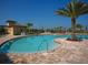 Clear blue community pool with brick surround, lush landscaping, and a sunny patio at 157 Wandering Wetlands Cir, Bradenton, FL 34212