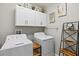 Well-organized laundry room with white cabinets, modern appliances, and decor at 17578 Holly Well Ave, Wimauma, FL 33598