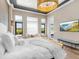 This stunning main bedroom features a view of the pool, a large TV, and a door to the outside at 18826 Ganton Ave, Lakewood Ranch, FL 34202