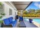 Relaxing covered patio with comfortable seating area next to the sparkling swimming pool and lush landscaping at 2647 Britannia Rd, Sarasota, FL 34231