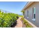 Landscaped side yard with brick walkway, mature plantings, and glimpses of ocean at 3931 Bay Shore Rd, Sarasota, FL 34234