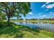Scenic water view featuring a tranquil lake, lush green grass, and a beautiful tree against a blue sky at 407 Fieldstone Dr, Venice, FL 34292