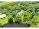 Expansive aerial view of wooded acreage, lake frontage, pool and mature trees define this private estate at 4576 Cooper Rd, Sarasota, FL 34232