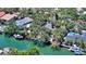 Aerial view of waterfront homes with lush greenery, private docks, and serene canal access, ideal for boating and relaxing at 5033 Oxford Dr, Sarasota, FL 34242