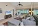 Bright living room featuring vaulted ceilings, wood-look floors and comfortable seating at 7724 Palm Aire Ln, Sarasota, FL 34243