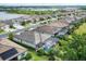 An aerial view shows houses with pools, solar panels and landscaping in an attractive neighborhood at 18045 Polo Trail St, Bradenton, FL 34211