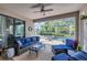 Inviting covered lanai with comfortable seating, ceiling fan, and view of the pool and lush backyard at 18045 Polo Trail St, Bradenton, FL 34211