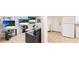 Entertainment room in basement with mounted TV screens and tiled flooring, as well as a refrigerator at 222 High Point Dr, Venice, FL 34292