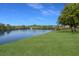 Scenic pond view with lush green landscaping and mature trees, creating a serene environment at 5625 15Th Ave W, Bradenton, FL 34209