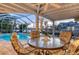 Covered patio featuring a round outdoor table next to screened-in pool overlooking the channel at 621 Ivanhoe Ln, Holmes Beach, FL 34217
