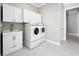 Well-lit laundry room boasts white cabinets, a sink, and a modern washer and dryer at 6290 Mesa Gln, Bradenton, FL 34203