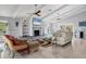 Inviting living room featuring a fireplace, stylish furnishings, and serene water views at 7985 Manasota Key Rd, Englewood, FL 34223