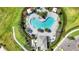 Overhead view of the community pool with sundeck, spa, and lounge seating surrounded by tropical greenery at 16119 Paynes Mill Dr, Bradenton, FL 34211
