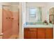 Bathroom with a shower and a light green countertop with wooden cabinets, offering functionality and style at 2538 Lakeshore Cir, Port Charlotte, FL 33952