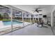 Relaxing screened-in pool area with ceiling fan and a view of the surrounding landscape at 4311 52Nd E St, Bradenton, FL 34208