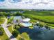 Expansive aerial view showing the pool, tennis courts, and lush surroundings of the community at 623 Estuary Dr, Bradenton, FL 34209