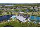 Aerial view of a beautiful community pool overlooking a tranquil lake at 623 Estuary Dr, Bradenton, FL 34209