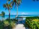 Picturesque beach view with palm trees, dock access, and a glimpse of a boat on the water at 7 Sandy Cove Rd, Sarasota, FL 34242