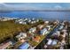 An aerial view showcases a waterfront home with canal access in a charming coastal neighborhood close to the bay at 780 Jungle Queen Way, Longboat Key, FL 34228