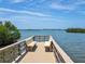 Scenic dock with benches overlooking calm waters and distant buildings, perfect for relaxation at 8871 Fishermens Bay Dr, Sarasota, FL 34231