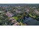 Aerial view of several single-story homes, mature landscaping, and a picturesque pond in a well-planned community at 3698 Glen Oaks Manor Dr, Sarasota, FL 34232