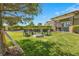 Outdoor fire pit area featuring adirondack chairs and manicured landscaping at 5388 Bartolomeo St, Sarasota, FL 34238