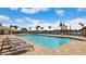 Community pool with chaise lounges, tables, chairs, palm trees, and shade structures at 240 Ibiza Loop, Venice, FL 34292
