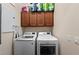 Clean laundry room with washer, dryer, cabinets, ironing board and electrical panel at 241 Sapphire Lake Dr # 201, Bradenton, FL 34209