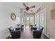 Cozy sunroom features four leather chairs, a spiral staircase, and a view of the outdoors at 241 Sapphire Lake Dr # 201, Bradenton, FL 34209
