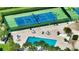 Aerial view featuring a swimming pool and tennis courts surrounded by lush greenery and palm trees at 4968 Gulf Of Mexico Dr # Villa 22, Longboat Key, FL 34228