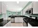 Modern kitchen with white cabinets, stainless steel appliances, black granite countertops, and an open floor plan at 14315 Tree Swallow Way, Lakewood Ranch, FL 34202